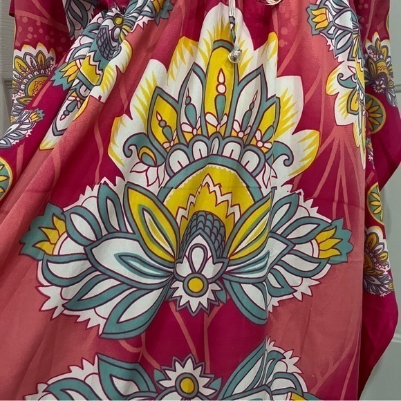 California Vibrant Pink Kaftan Tunic Gold Bling Colorful Waist Tie Women OneSize - Picture 10 of 12